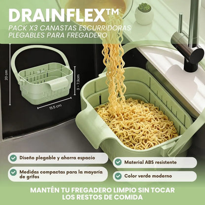 DrainFlex™ – Pack x3 Canastas Escurridoras Plegables y Extensibles para Fregadero