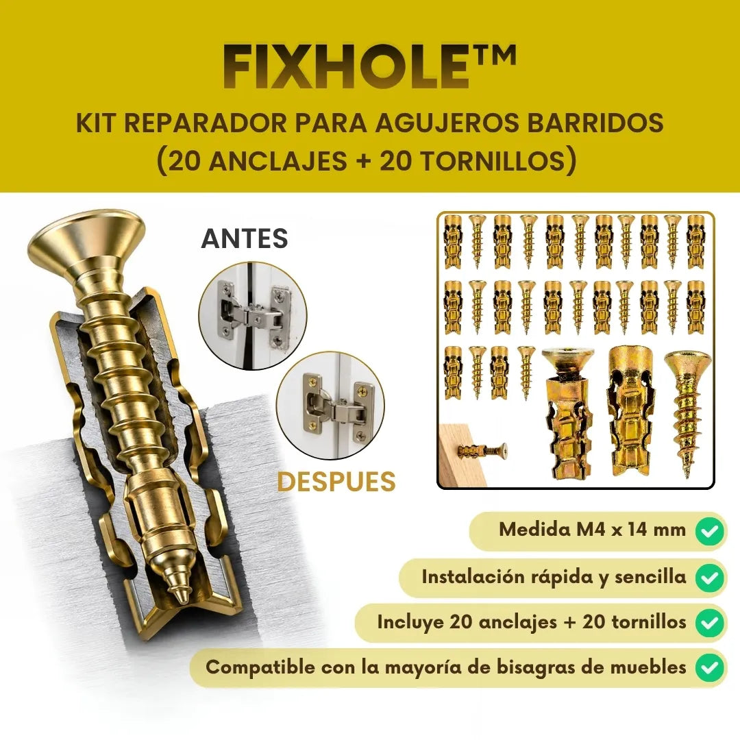 FixHole™ - Kit Reparador para agujeros barridos (20 Anclajes + 20 Tornillos)