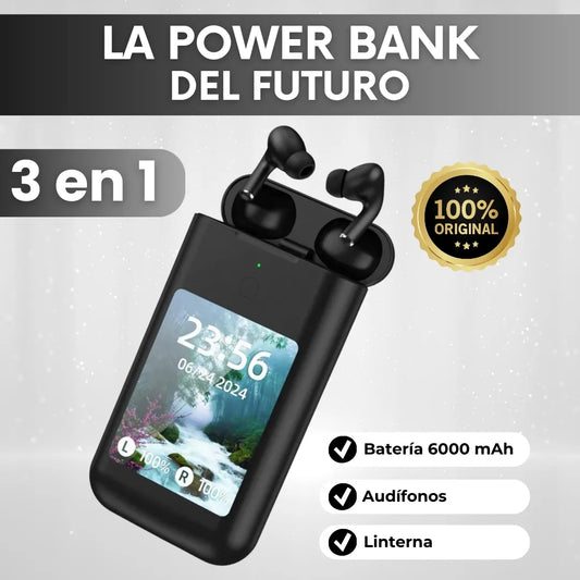 Power Bank 3 en 1 con audífonos y linterna