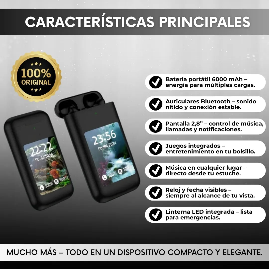 Power Bank 3 en 1 con audífonos y linterna
