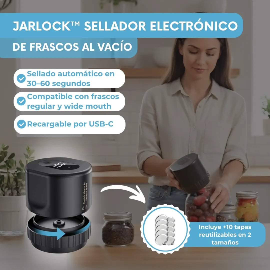 JarLock™ - Sellador electrónico de frascos al vacío +10 tapas 🎁