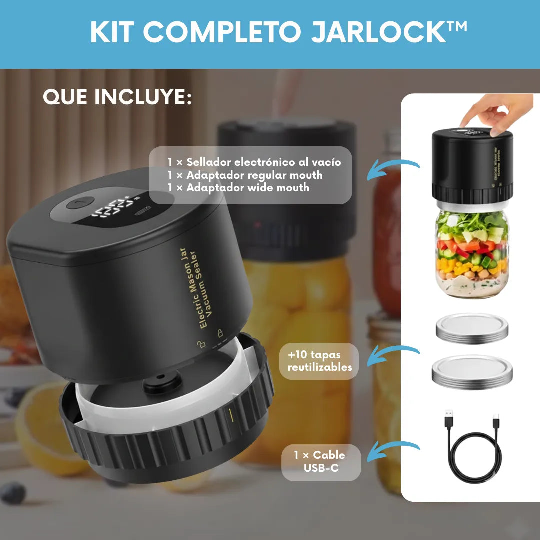 JarLock™ - Sellador electrónico de frascos al vacío +10 tapas 🎁